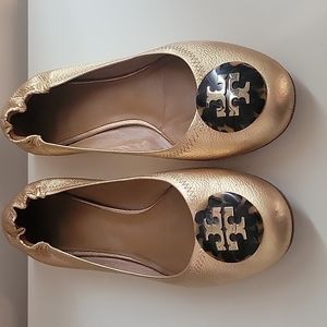 Tory Burch Gold Lesther Flats with tortoise emblem